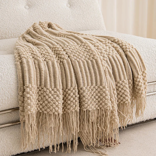 Khaki Knitted Tassel Blanket