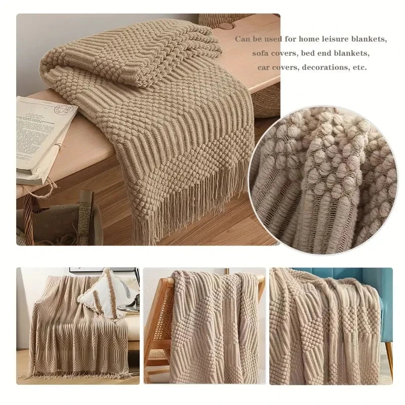Khaki Knitted Tassel Blanket