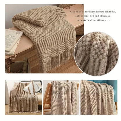Khaki Knitted Tassel Blanket