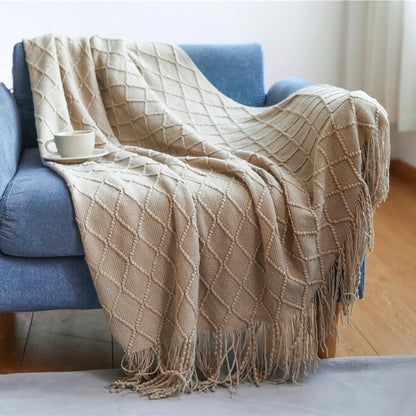 Khaki Knitted Tassel Blanket