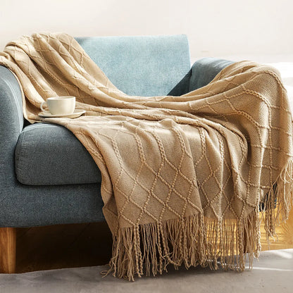 Khaki Knitted Tassel Blanket